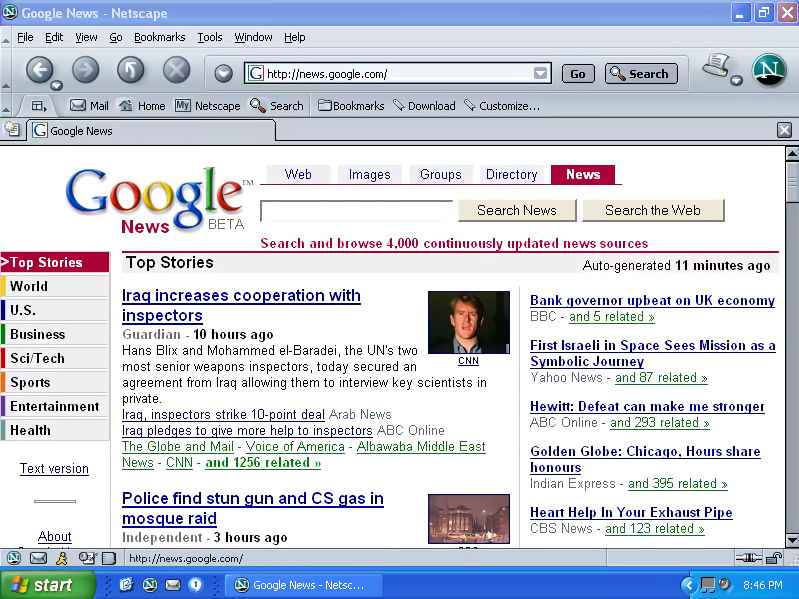 Netscape 7 for Windows showing Google News (2003)